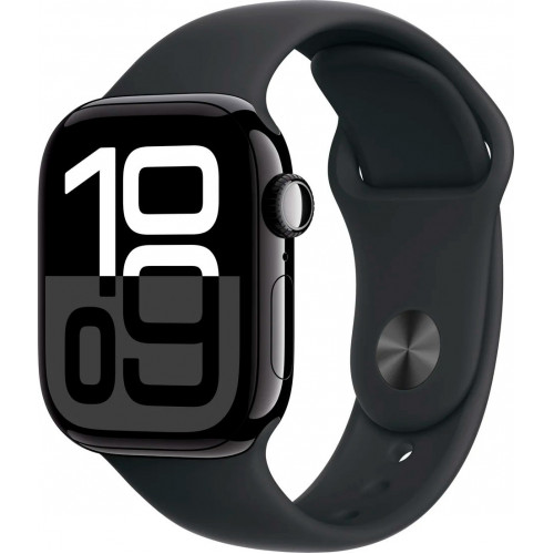 Apple Watch Series 10 42 мм (алюминиевый корпус, черный/черный, спортивный силиконовый ремешок)